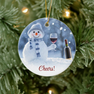 Christmas Holiday Wine Snowman Cute Funny Ceramic Ornament