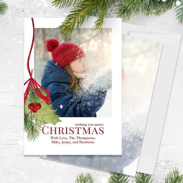 Christmas Holiday Winter Greenery Holly Photo  (Merry Christmas Holly red calligraphy script and greenery photo card.)