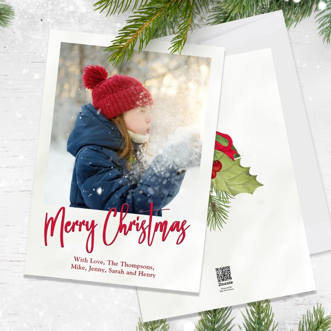 Christmas Holiday Winter Greenery Holly Photo (Merry Christmas Holly red calligraphy script and greenery photo card.)