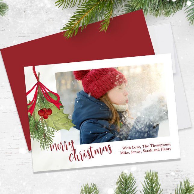 Christmas Holiday Winter Greenery Holly Photo  Card (Merry Christmas holiday berries and greenery with a whimsical red ribbon.)