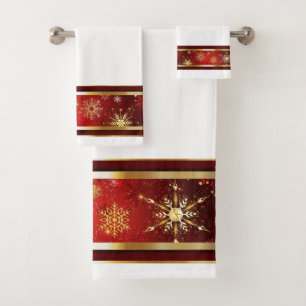 Christmas Holiday Winter Red with Gold Snowflakes Bath Towel Set