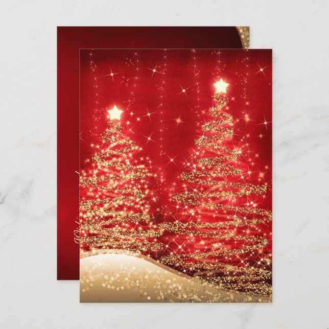 Christmas Holiday Wishes Sparkling Trees Red  Postcard (Front/Back)
