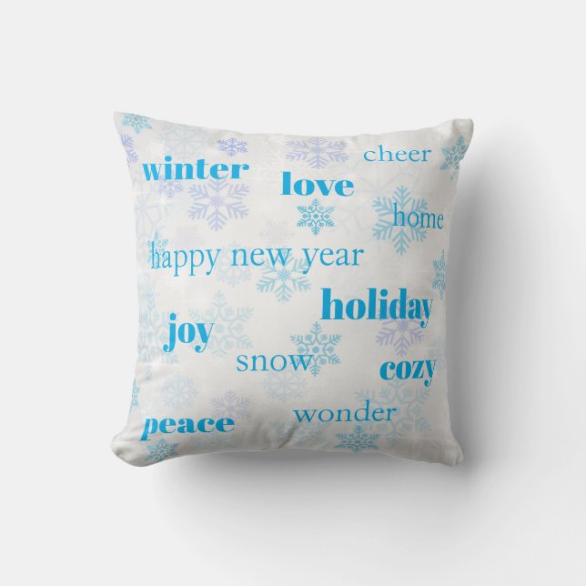 Christmas Holiday Words Typography Blue Snowflakes Cushion (Front)