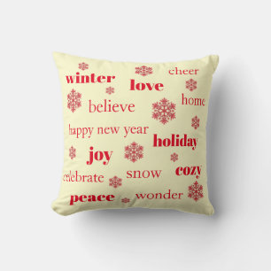 Christmas Holiday Words Typography Red Snowflakes Cushion