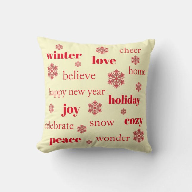 Christmas Holiday Words Typography Red Snowflakes Cushion (Front)