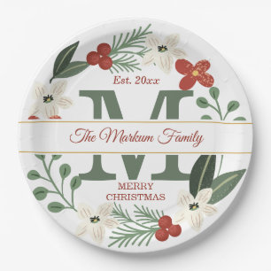 Christmas Holiday Wreath Monogram Name Christmas Paper Plate