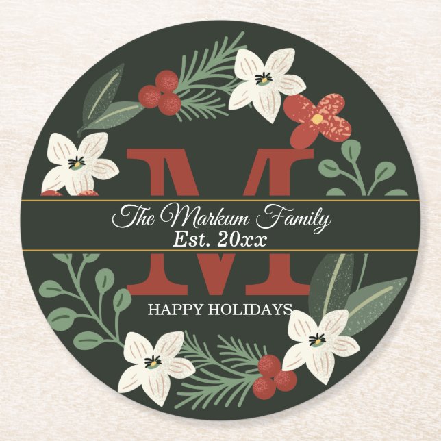 Christmas Holiday Wreath Monogram | Name Christmas Round Paper Coaster (Front)