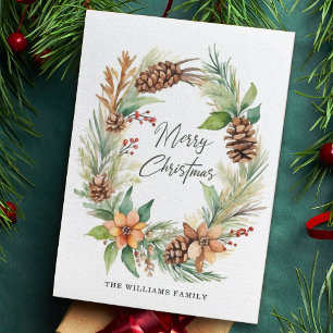 Christmas Holiday Wreath Pinecones Berries Foliage Card