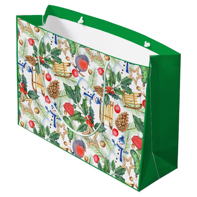 Christmas Holiday Xmas Snowman, Pine Cones, Holly Large Gift Bag (Back Angled)