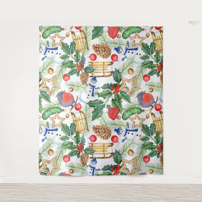 Christmas Holiday Xmas Snowman, Pine Cones, Holly Tapestry (Front)