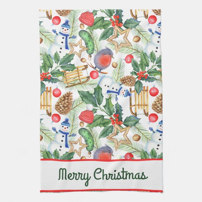 Christmas Holiday Xmas Snowman, Pine Cones, Holly Tea Towel (Vertical)