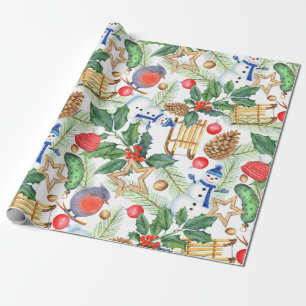 Christmas Holiday Xmas Snowman, Pine Cones, Holly  Wrapping Paper