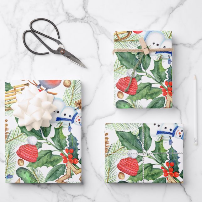 Christmas Holiday Xmas Snowman, Pine Cones, Holly Wrapping Paper Sheet (Front)