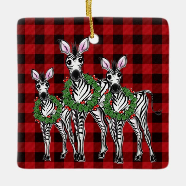  Christmas holiday zebras red black plaid  Ceramic Ornament (Front)