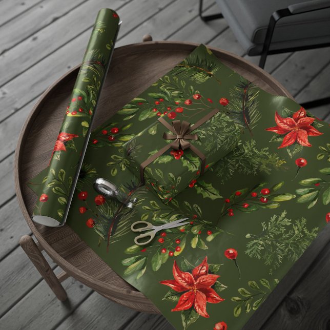 Christmas Holidays Berries Greenery Botanical Wrapping Paper (Botanical Holly Red Berries Christmas Wrapping Paper)