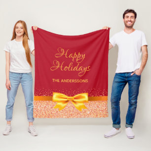 Christmas Holidays bow ribbon rose gold red Fleece Blanket