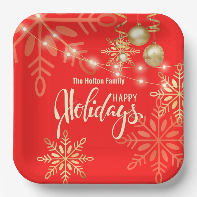 Christmas holidays Christmas gold snowflakes red Paper Plate (Front)