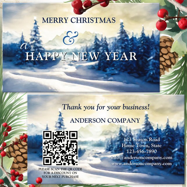 Christmas Holidays Company Thank You Business Card (Christmas Thank You for your business business card with watercolor pine trees and QR code template)