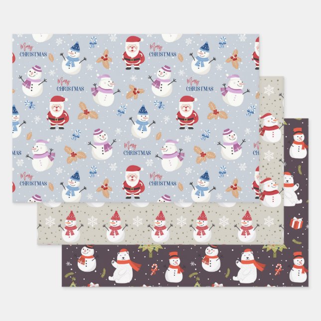 Christmas Holidays Cute Kids Santa Snowman Bear Wrapping Paper Sheet (Set)