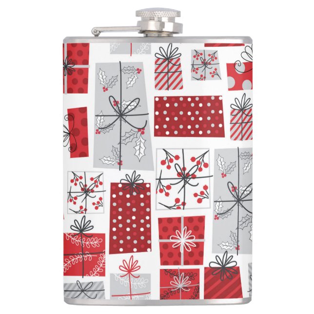Christmas Holidays Festive Red Silver Modern Gifts Hip Flask (Front)
