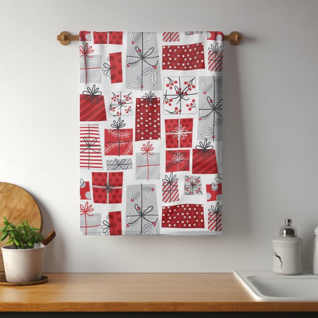 Christmas Holidays Festive Red Silver Modern Gifts Tea Towel (Creator Uploaded)
