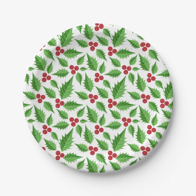 Christmas Holidays Festive Winter Holly Berries Paper Plate (Front)