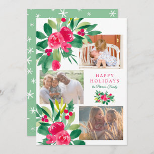 Christmas holidays floral watercolor 3 photos snow card