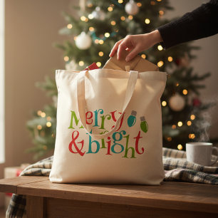 Christmas Holidays Merry And Bright Typography Tote Bag