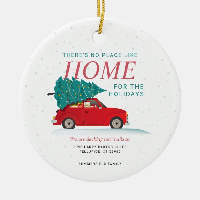 Christmas Holidays Moving Announcement Red Car Ceramic Ornament (Front)