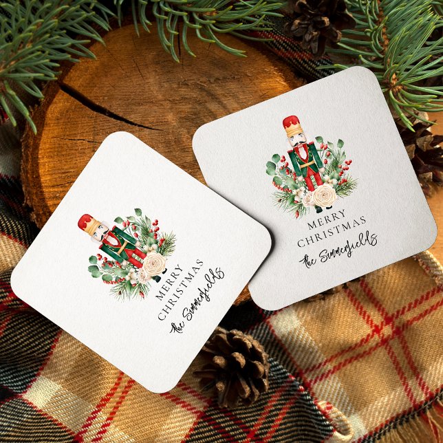Christmas Holidays Nutcracker Script Square Paper Coaster (Christmas Nutcracker Red Berries Square Coasters)