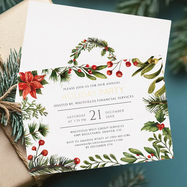 Christmas Holidays Office Party Gold (Christmas Party Botanical Red Berries Gold Foil Invitation)