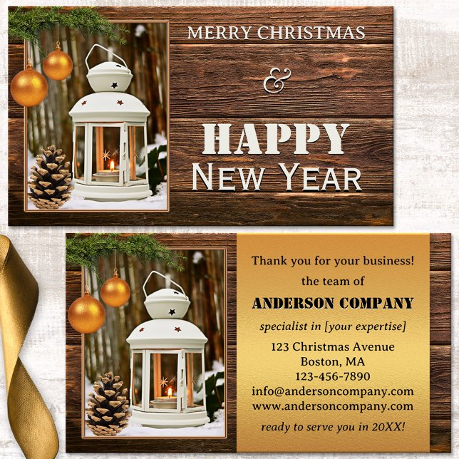 Christmas Holidays Office Thank You Business Card (Business card showing a candle lit lantern with pine cone and golden Christmas balls on rustic wood)
