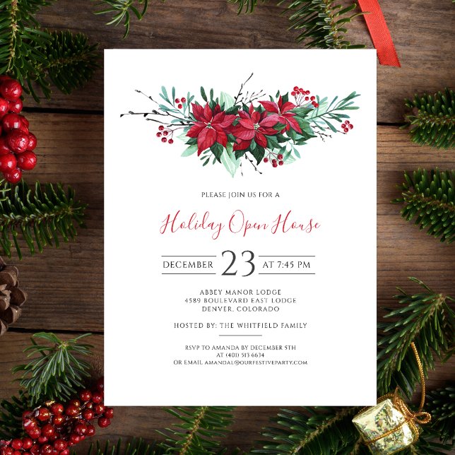 Christmas Holidays Open House Party Invitation Postcard (Christmas Open House Botanical Party Invitation)