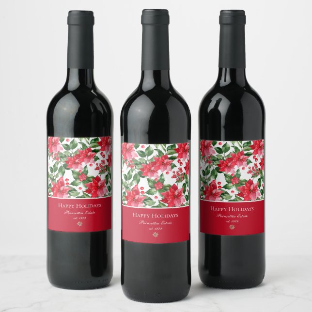 Christmas Holidays Personalised Poinsettia Pattern Wine Label (Bottles)