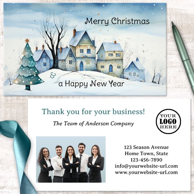 Christmas Holidays Photo Thank You Business Card (Business card featuring a whimsical design of a winter landscape with Christmas tree - logo - photo)