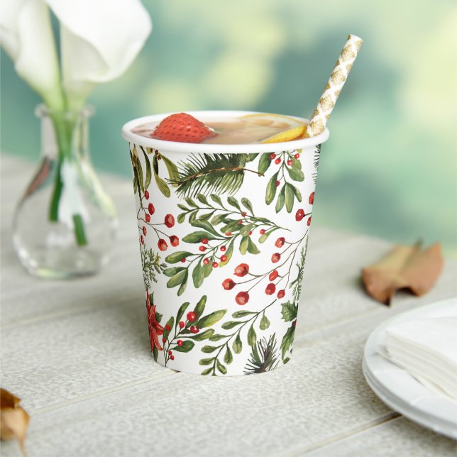 Christmas Holidays Pine Red Berries Botanical Paper Cups (Insitu)