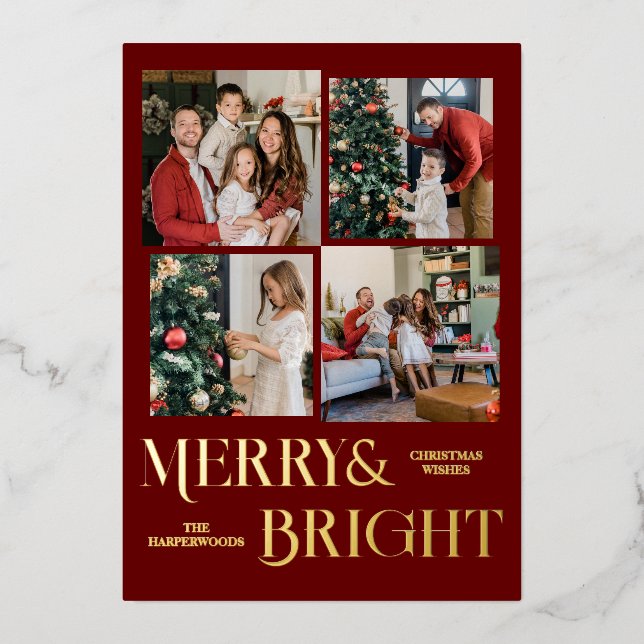  Christmas holidays Script Family Photo Collage Foil Holiday Card (Front)