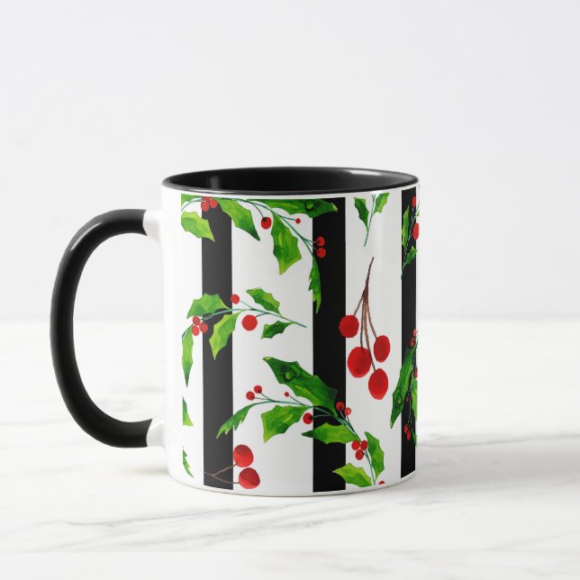 Christmas Holidays Watercolor Holly Floral Pattern Mug (Left)