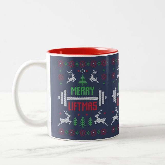 Christmas Holidays Weight Lifting Ugly Sweater Two-Tone Coffee Mug (Left)