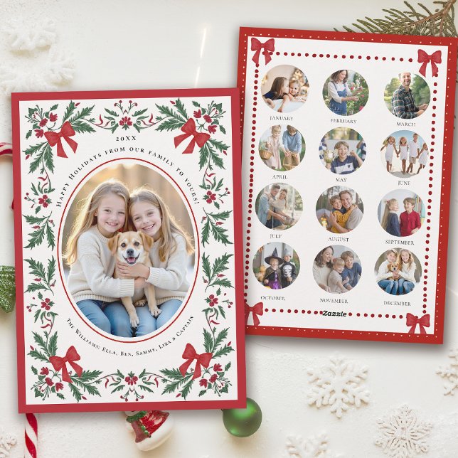 Christmas Holidays Whimsical Botanical Art Photo Holiday Card (hand painted christmas card whimsical watercolor greenery red bows frame year in review photo)