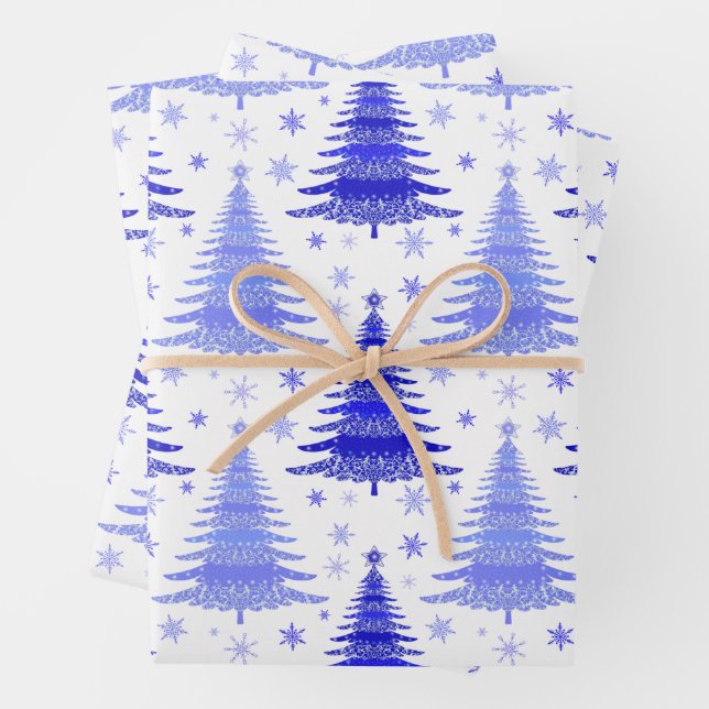 Christmas Holliday Blue Trees Pattern Gift Wrapping Paper Sheet (In situ)
