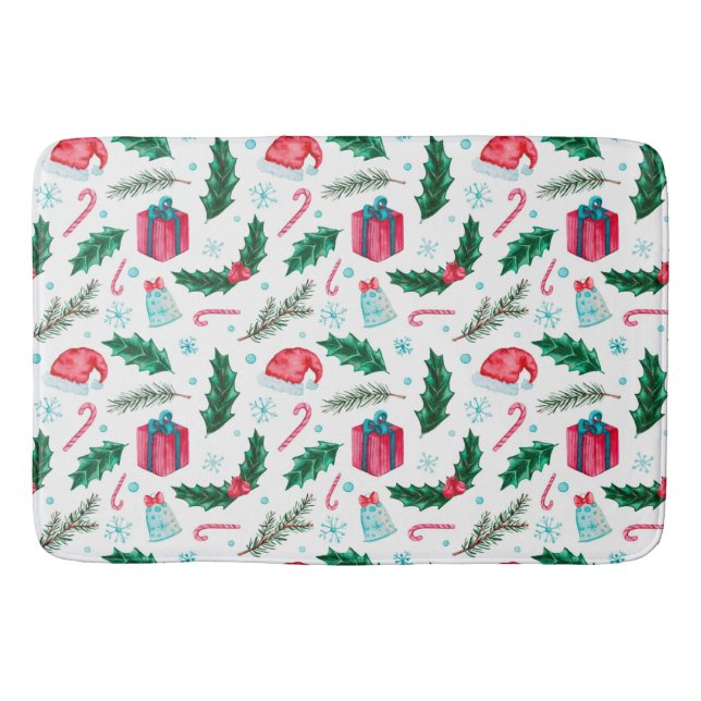 Christmas Hollies, Santa Hats and Candy Canes Bath Mat (Front)