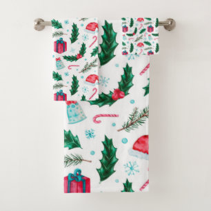 Christmas Hollies, Santa Hats and Candy Canes Bath Towel Set