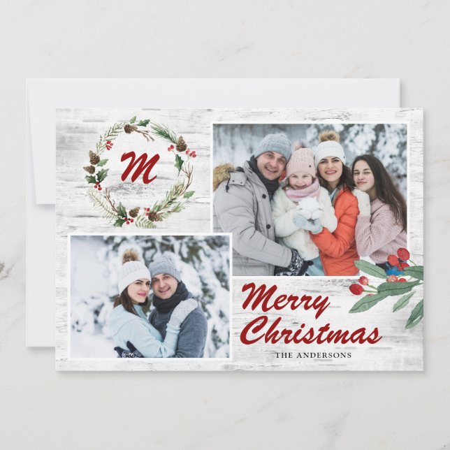 Christmas Holly 2 PHOTOS Collage Bark Holiday Card (Front)