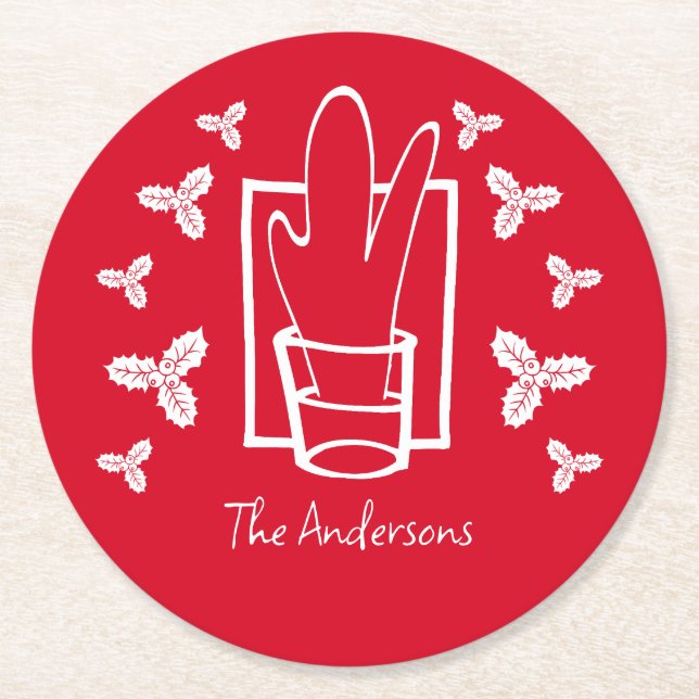 Christmas Holly and a Sparkling Glass Round Paper Coaster (Front)