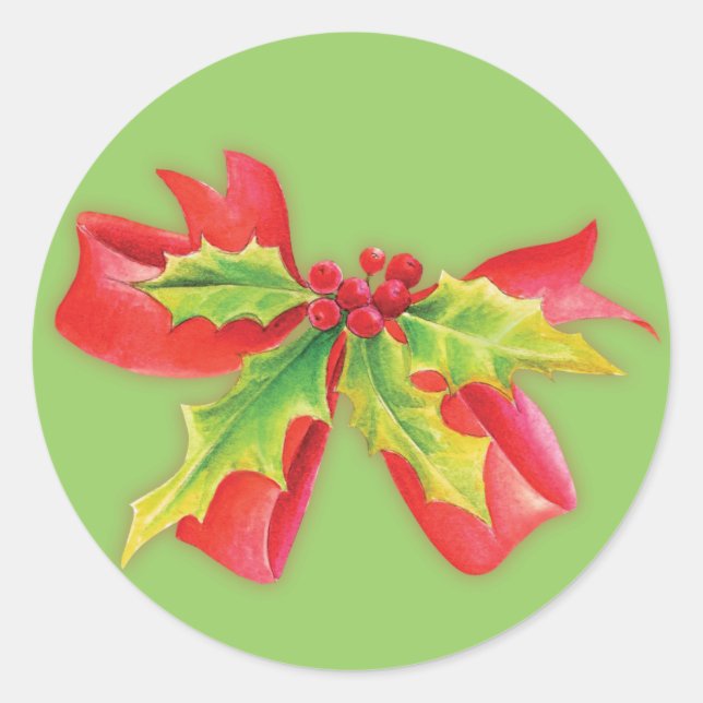 Christmas holly and bow watercolor art stickers (Front)
