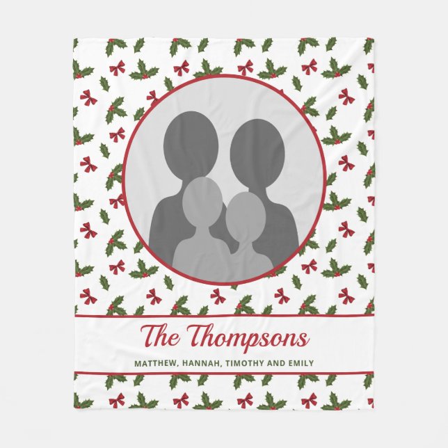 Christmas Holly And Bows Custom Photo Template Fleece Blanket (Front)