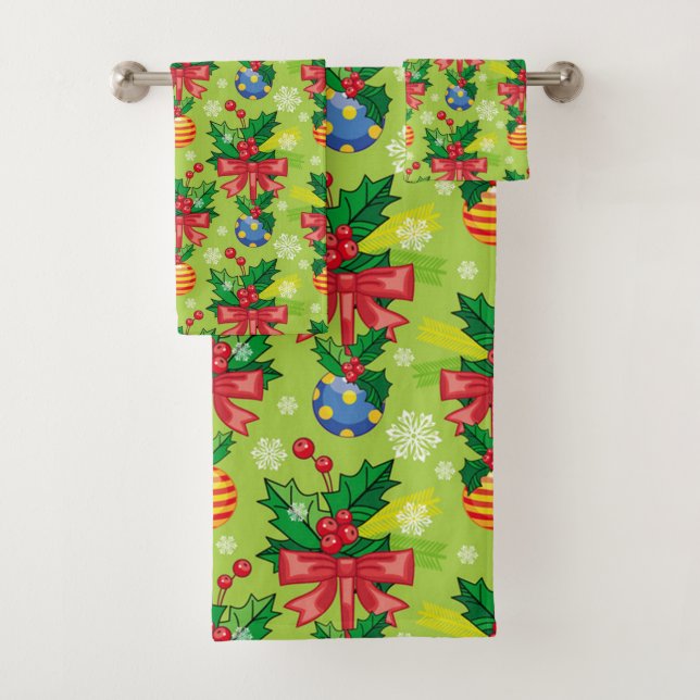 Christmas Holly And Bulbs And Bows Bath Towel Set (Insitu)