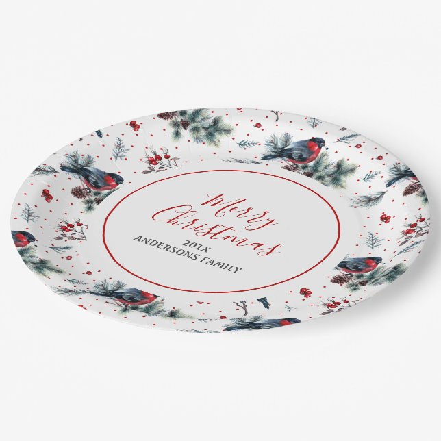 Christmas holly and Christmas bullfinch pattern Paper Plate (Angled)