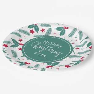 Christmas holly and Christmas deer pattern Paper Plate